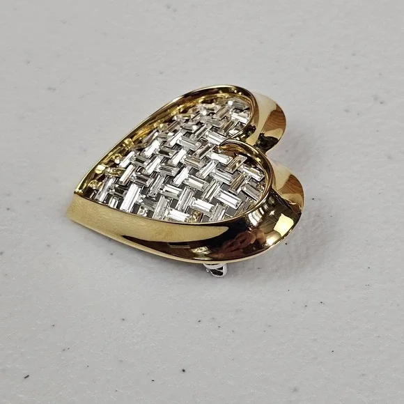 Nolan Miller Heart Brooch Baguette Rhinestone Woven Look Gold Tone Love - Picture 3 of 6